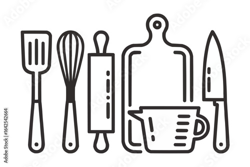 Kitchen utensils line art spatulameasuring cup whisk rolling pin knife