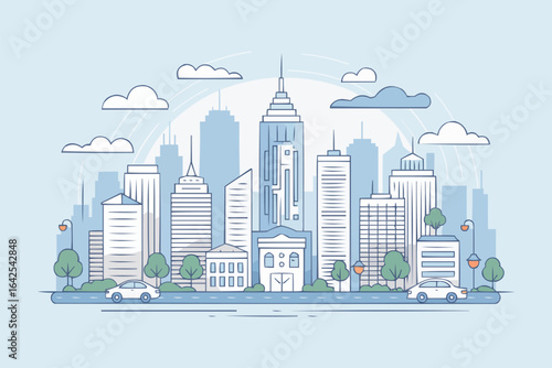 Light blue city skyline with streetlights and cars