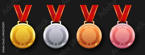 Set of gold, silver, bronze, and rose gold medals with star designs. Glossy metal reward badges for first, second, third, and fourth place prizes.