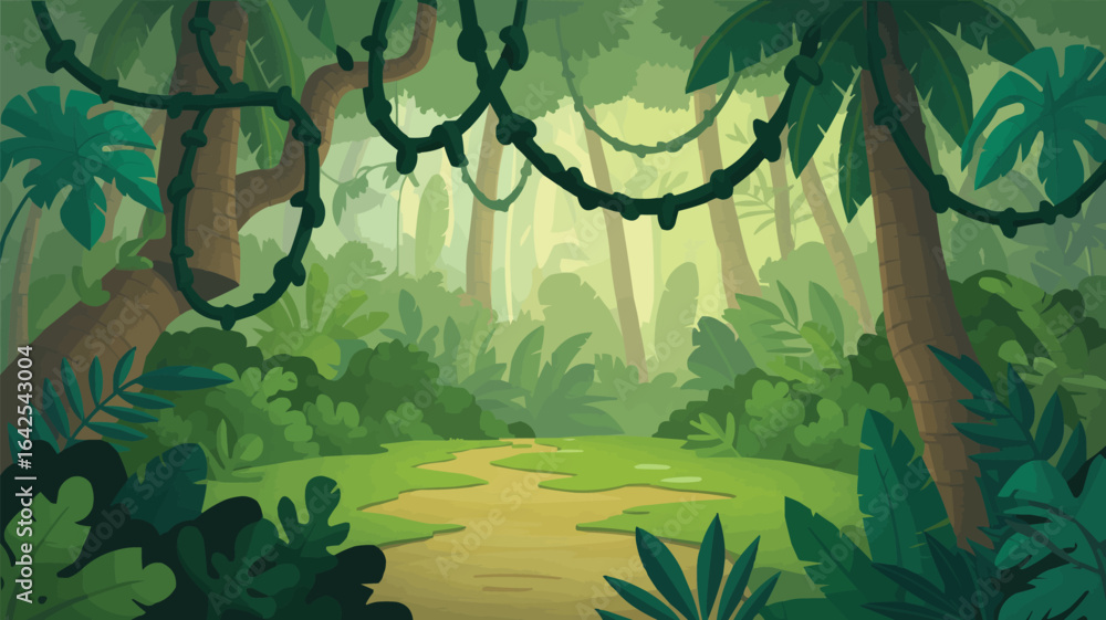 Fototapeta premium Lush jungle path with hanging vines and tropical plants