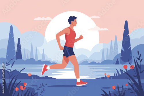 Man jogging by lake at sunrise with stylized landscape