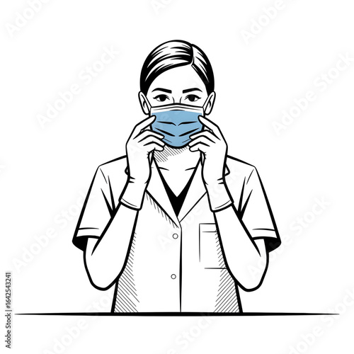 Line art of The doctor is getting ready to perform an operation after putting on various equipment. 