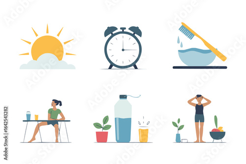 Morning routine icons with sun, alarm clock, and hygiene activities