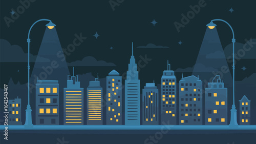 Nighttime city skyline with illuminated buildings and street lamps