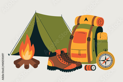 Outdoor Camping Equipment With Tent And Backpack vector