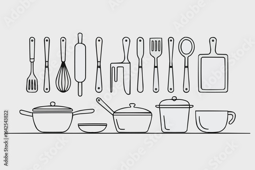 Outline of kitchen utensils and cookware on a light background