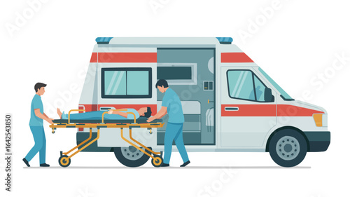 Paramedics loading patient onto ambulance stretcher Keywords: ambulance, medical, emergency
