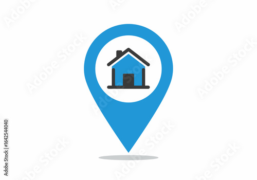 Blue Location Pin with House Icon Inside.