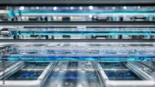 Closeup of the customdesigned immersion cooling system revealing a series of interconnected GPU racks submerged in a crystalclear dielectric fluid emphasizing the clean and organized