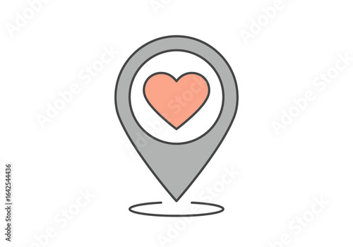 Heart Location Pin Icon with Gray Outline and Shadow.