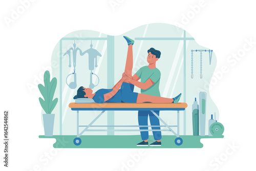 Physical therapist assisting patient with leg stretch