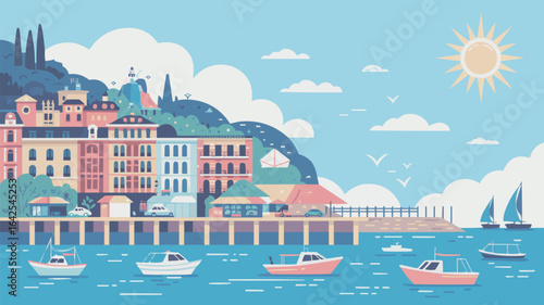 Picturesque coastal village with boats and sun town