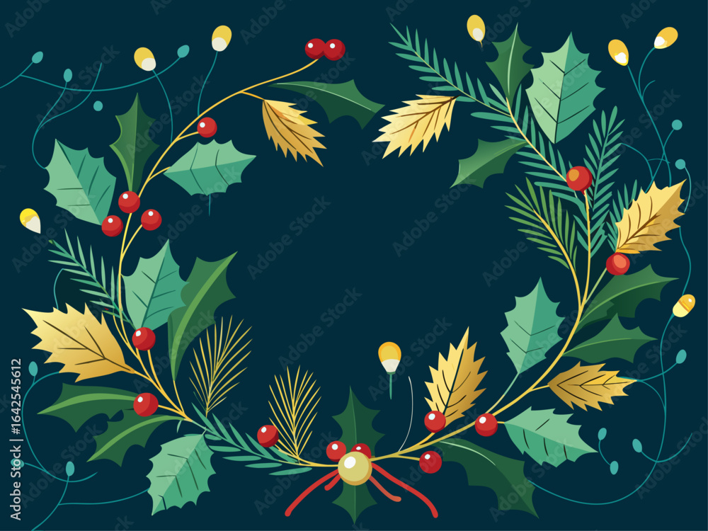 Obraz premium Christmas Wreath Frame with Holly and Ornaments | Holiday Vector Background