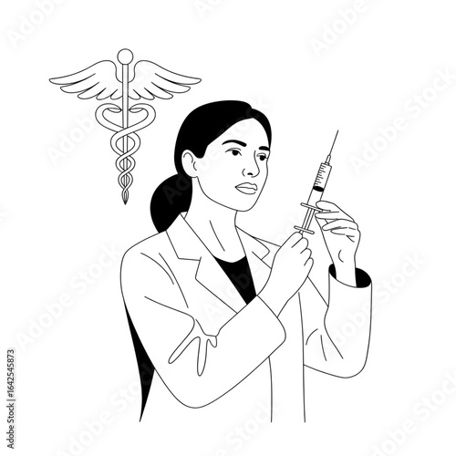 Line art of a female Doctor Preparing Injection with Syringe