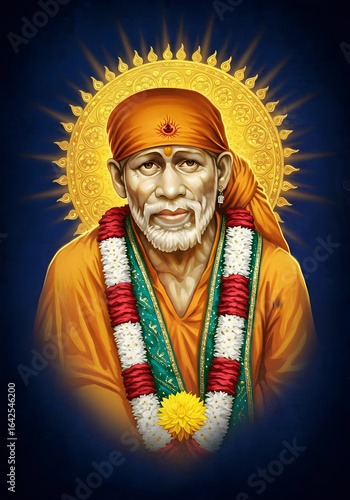 Digital Art of Sai Baba Portrait, Religious Icon, Spiritual Guru, Indian God Illustration.
