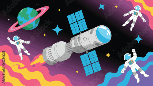 Pixelated Space Scene with Astronauts and Satellite