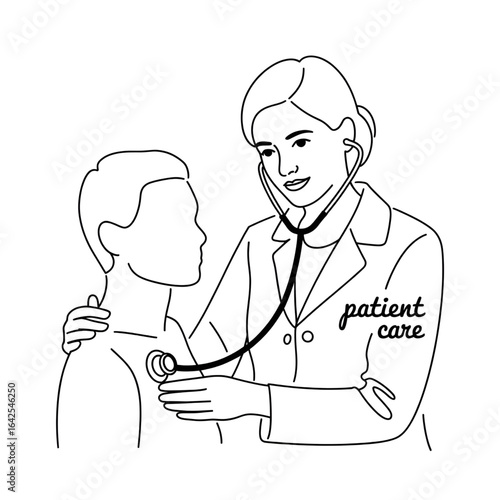 Line art of a doctor is doing a hard examination of a patient 