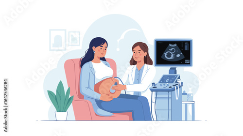 Pregnant woman receives ultrasound from doctor in clinic