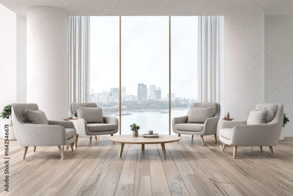 Fototapeta premium Modern minimalist living room with city view (11)
