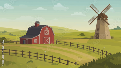 Rural farm landscape with red barn and windmill countryside