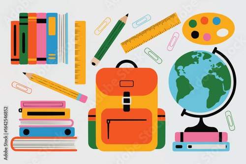 School Supplies Flat Lay with Backpack and Globe education