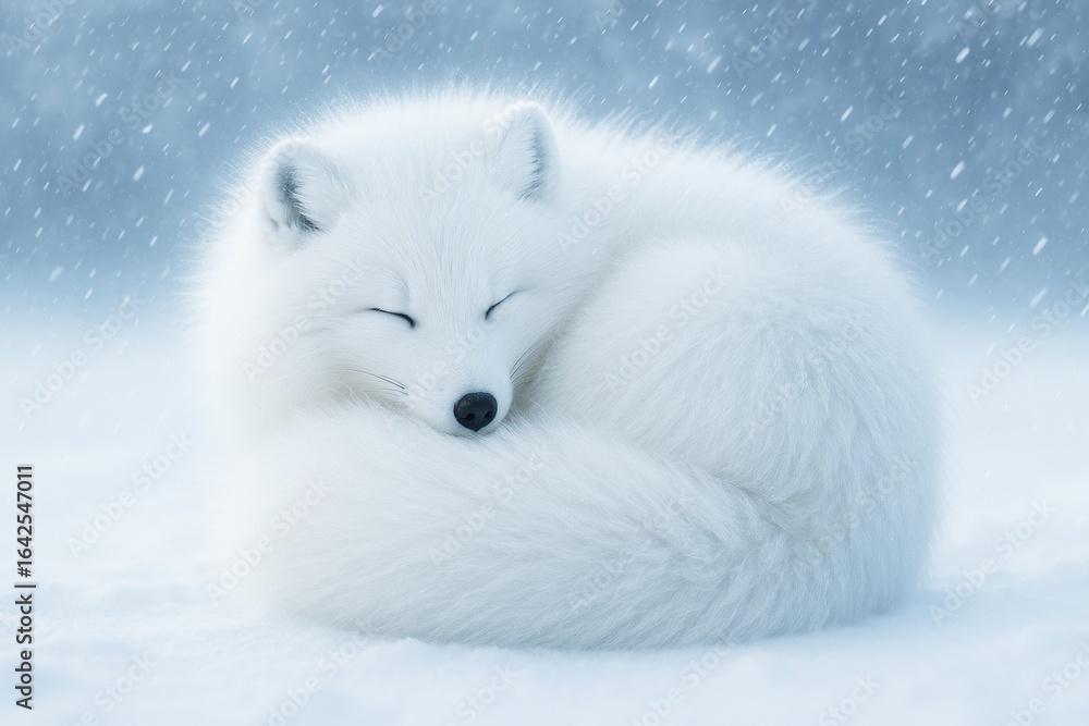 Fototapeta premium Sleeping white arctic fox curled up in snowy landscape with snowfall and soft light on winter background, symbolizing peacefulness and warmth. Ai generative