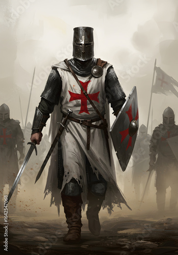 Medieval Knight Templar Marching Forward, Cross, Sword, Shield, Armor, Soldiers, Historical Art.