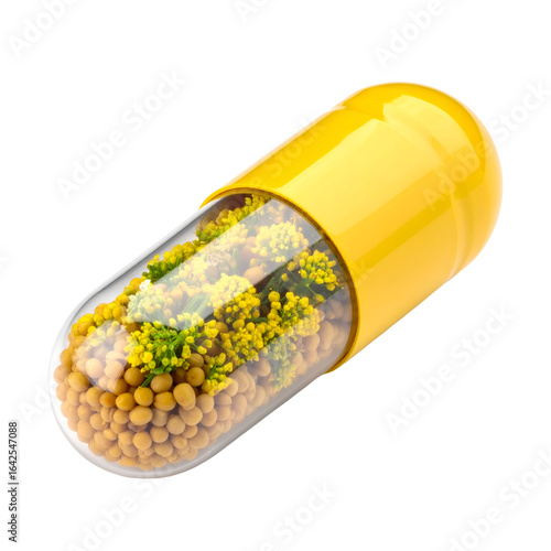 Yellow medicine capsule close up isolated on black background