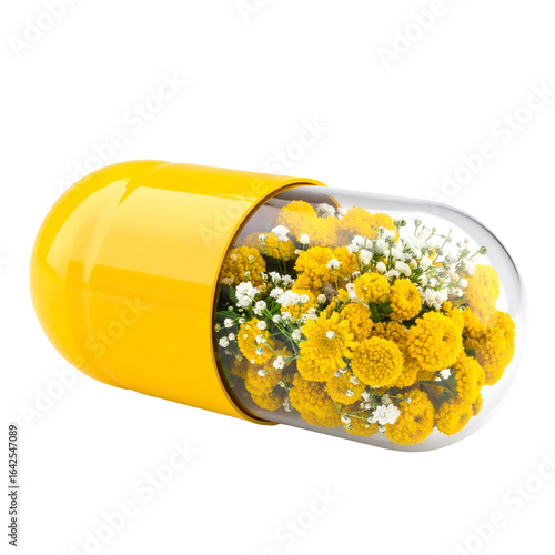 Yellow medicine capsule filled with flowers isolated on black background