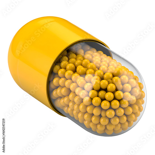Yellow pill capsule filled with small spheres on black background