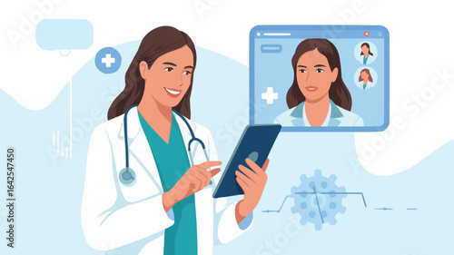 Smiling female doctor using tablet for online consultation