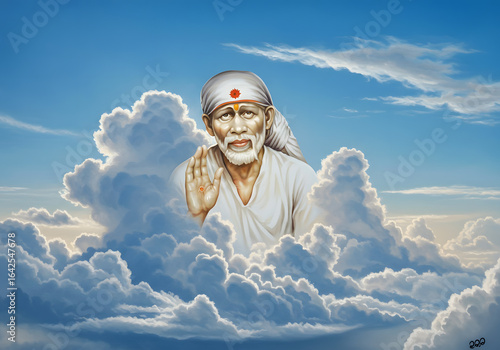 Sai Baba in the Clouds Digital art of Indian spiritual guru with blue sky background and fluffy clouds.
