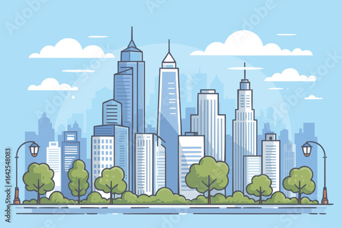 Stylized city skyline with trees and streetlights cityscape