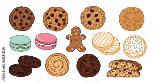 An assortment of cookies including chocolate chip macarons gingerbread and other baked goods displayed