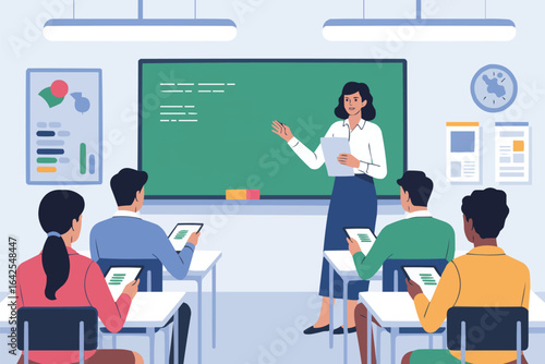 Teacher instructing students in a modern classroom