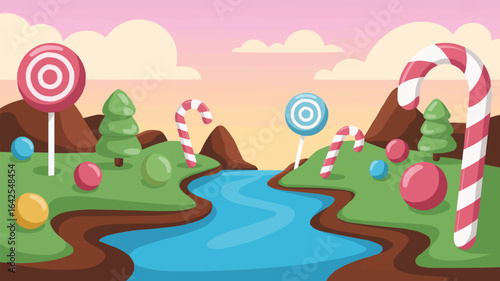 Sweet Candy Landscape with River and Lollipops candy cane