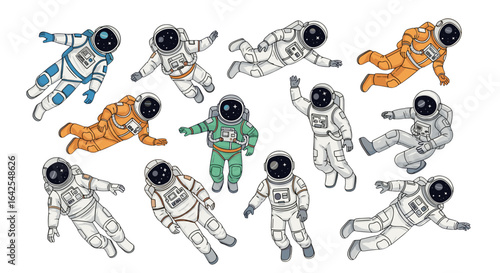 A collection of cartoon astronauts floating in space in various poses and different colored spacesuits