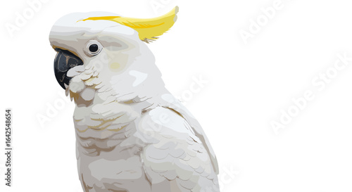 Close up view of a sulphur crested cockatoo with its distinctive yellow crest and white plumage shown