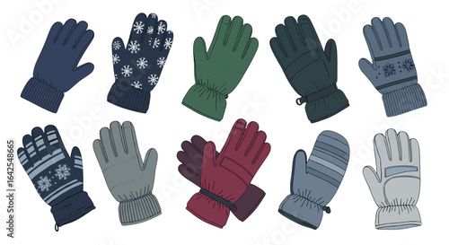Assortment of winter gloves in various colors and patterns displayed on a white background surface view