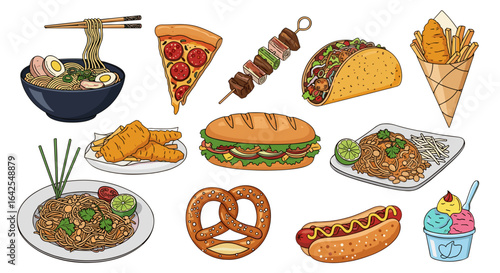 A diverse collection of colorful cartoon style food items displayed on a white background surface here