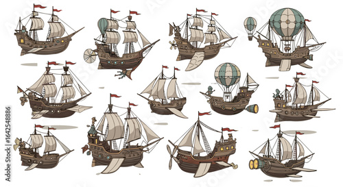 Illustration showcasing a fleet of fantasy airships and sailing ships with unique designs and details