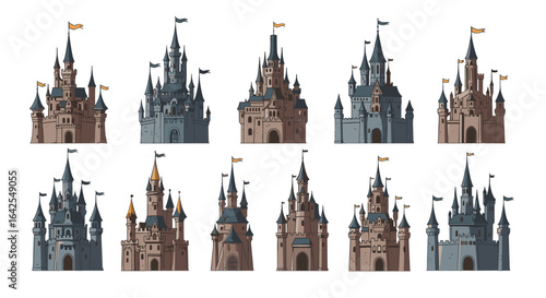 Ten stylized castle illustrations with varying designs and color schemes in a cartoon style art work