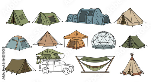 Illustration showing a variety of camping tents including dome tents and car top tents for outdoor use