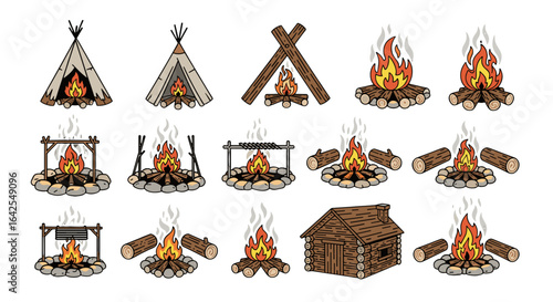 Illustrative collection of camping elements featuring campfires, tents, and a wooden cabin design