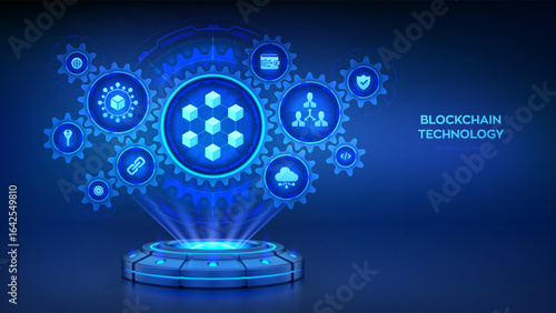 Blockchain technology. Decentralized network. Fintech cryptocurrency. Holographic platform with glowing rays forming a projection of interconnected gears with icons. Vector Illustration.