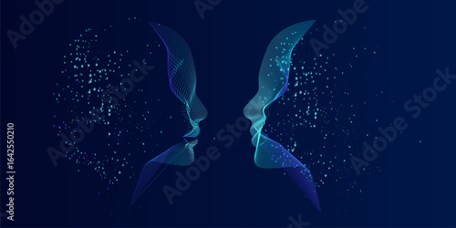 Artificial Intelligence, abstract artistic human head portrait made of dotted particles array, vector software digital visual interface. Digital soul, spirit of technological time.