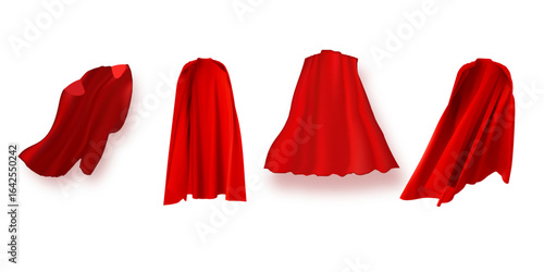 Superhero red cape in different positions, front, side and back view on white background.