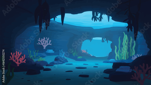 Underwater Cave Entrance With Coral and Stalactites