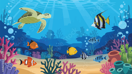 Underwater Scene With Sea Turtle And Fish Keywords: underwater, ocean, sea, marine life, coral