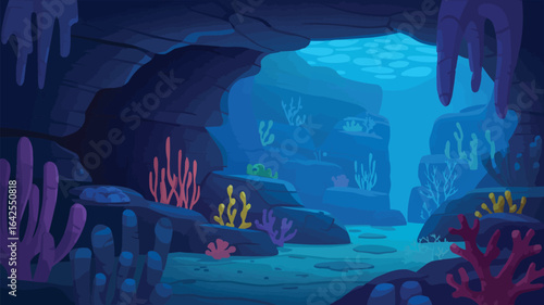 Vibrant Underwater Cave Scene With Colorful Coral and Rocks